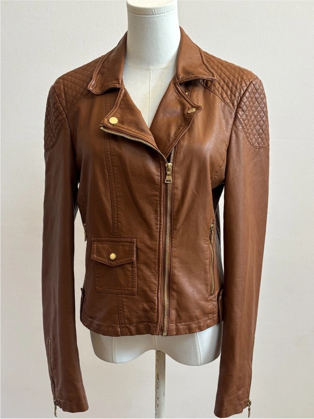 Express Brown Faux Leather Moto Jacket M Quilted Biker